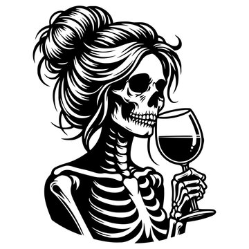 Skeleton holding wine glass vector illustration