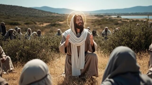 Jesus preaching to the crowd by parables with halo on His head