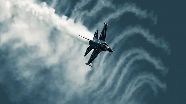 Military aircraft performs barrel roll maneuver releasing vapor trails in the sky
