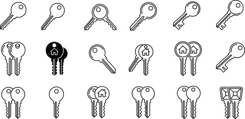 Fototapeta premium House and Car Key Icon Set Featuring Skeleton Keys, Modern Security Fobs, and Locked Home Symbols for Real Estate, Automotive Security, and Digital Privacy Designs