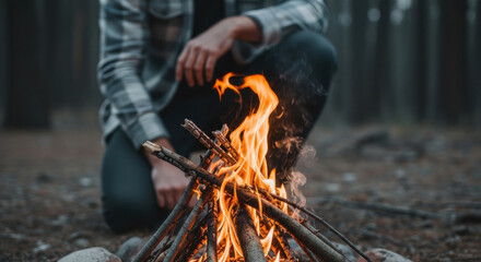 Fototapeta premium Campfire flame burning wood sticks with person sitting in forest setting