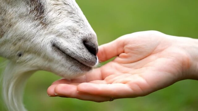Goat Nose Sniffing Hand Close Up Gentle Interaction