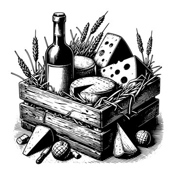 Cheese and wine in wooden crate vector illustration