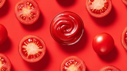 Fototapeta premium Tomatoes in whole and sliced forms with ketchup swirl on red background in clean flat lay setup