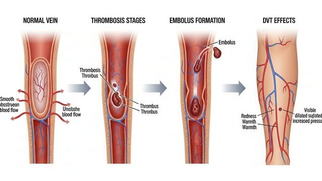 Illustration of venous disorders from normal vein to dvt effects