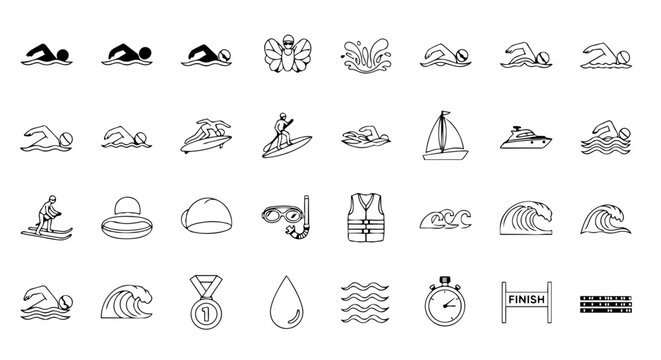 Swimming and water sports icon set &ndash; swimmer, surfing, boat, wave vector pack