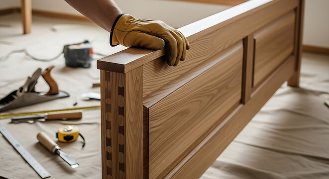 Person wearing gloves assembling wooden door frame with tools on floor