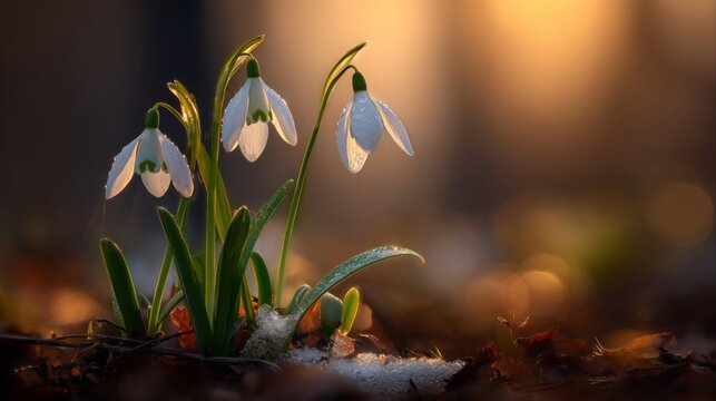 Delicate snowdrop flowers backlit by warm golden sunset light
