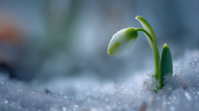 Close up of single white snowdrop flower bud in winter snow