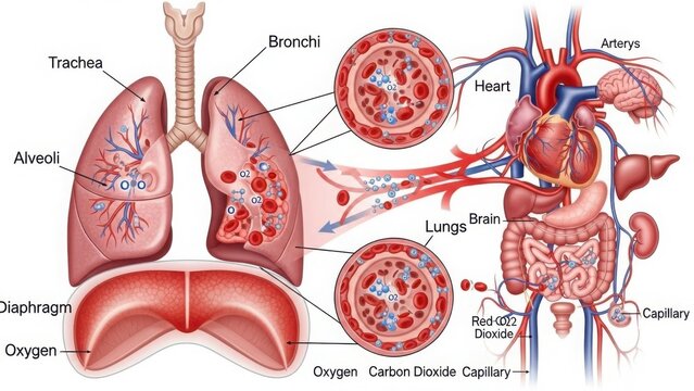Detailed illustration of human respiratory and circulatory systems