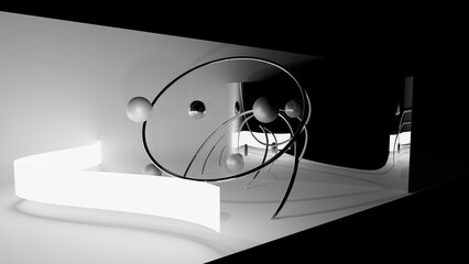 3d rendered spheres and chrome hoops in abstract position