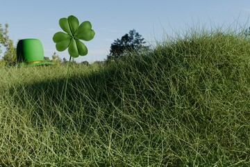 3d render of four leag clover and green top hat on grassy hill