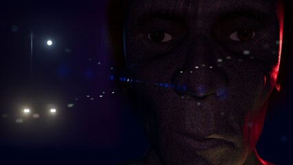 Mysterious character stares at camera with parked car in background. 3d render