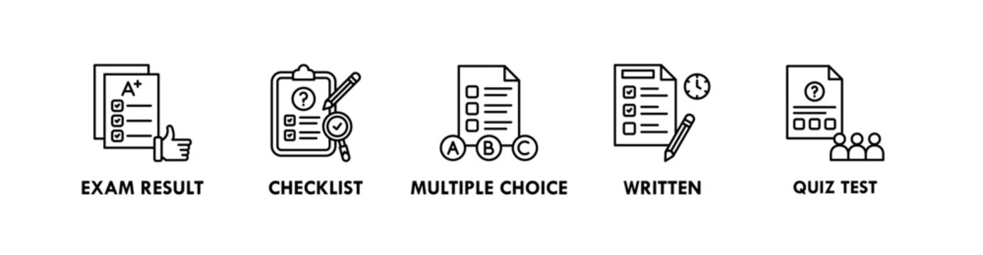 Exam and Assessment banner web icon illustration concept with icon of exam result, checklist, multiple choice, written, quiz test