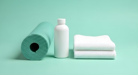 Fototapeta premium aqua yoga mat rolled with white water bottle and folded towel on a mint green background, fitness and wellness essentials