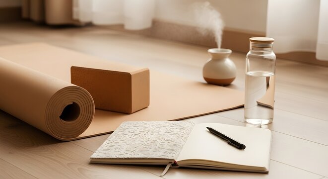 Yoga mat block water bottle notebook pen and diffuser on light wooden floor for mindful morning routine