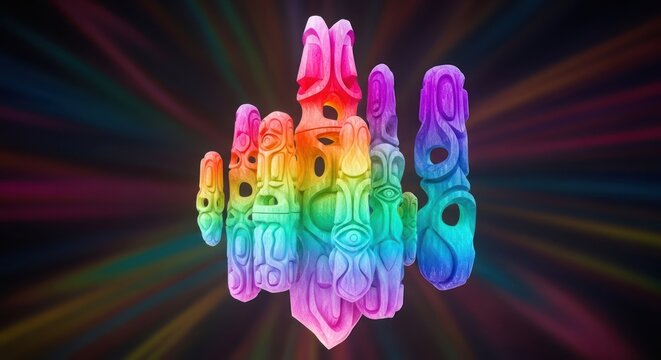 colorful totemic animal masks in rainbow hues