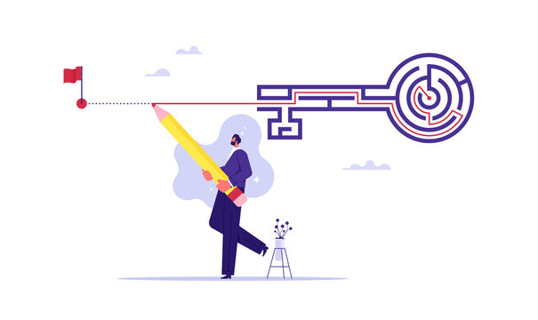 Business solution searching vector concept, overcome difficult challenge and find success, Find way out, businessman draw the line showing solution to solve labyrinth maze problem