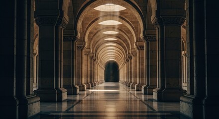 Fototapeta premium Elegant arched hallway with symmetrical columns and warm lighting.
