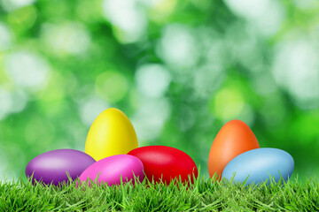 Fototapeta premium Easter eggs in green grass against blurred background