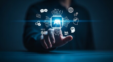 Fototapeta premium A person holding a digital AI chip with virtual icons around it