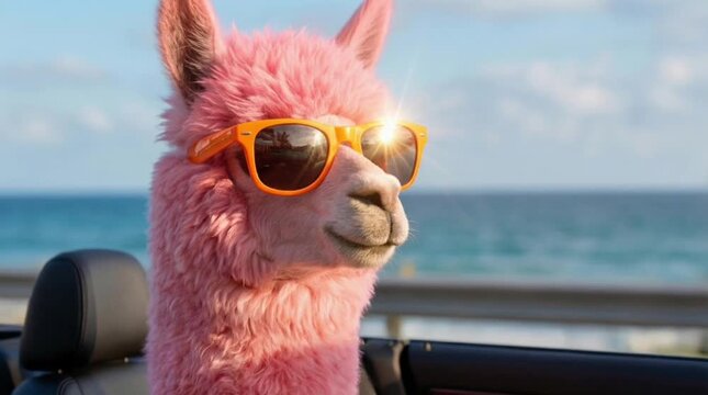 Pink alpaca driving convertible car along coastal road near blue sea. Summer vacation, seaside travel, funny animal adventure, sunny day.