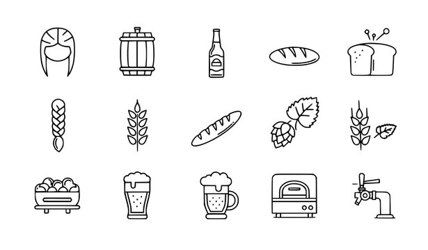Thin line icon set braid barrel beer bottle bread hops and wheat isolated on transparent background
