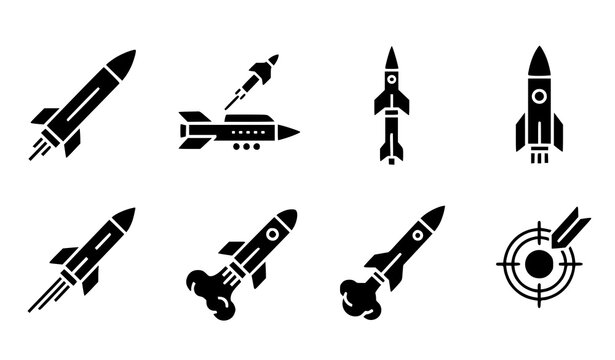 Military missile glyph icon set vector rocket launch and strike symbols isolated on transparent background