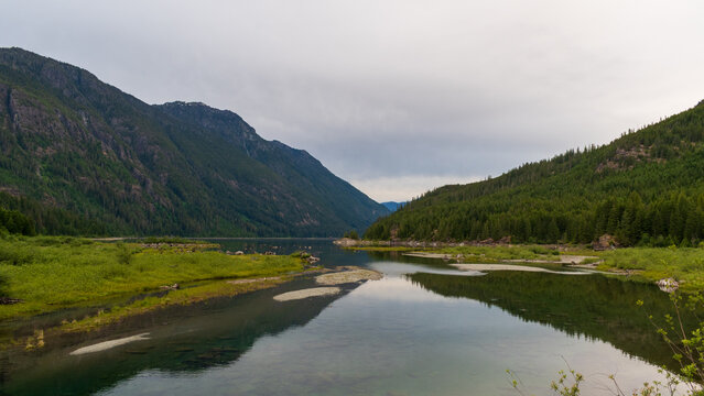 The sill waters of Buttle Lake reflects the forested shoreline in Strathcona Provincial Park.