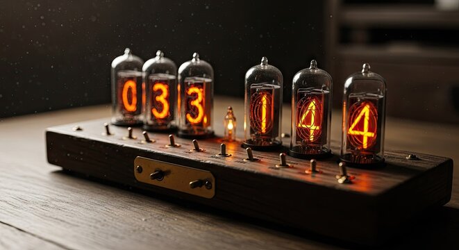 Vintage Nixie Tube Clock Displaying Numbers with Warm Orange Glow on Wooden Base with Subtle Bokeh Background and Dramatic Lighting