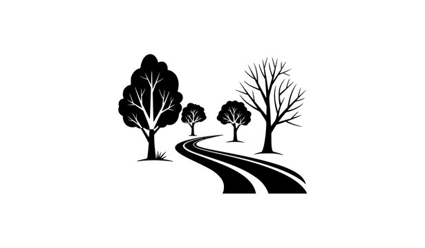 Minimal bare tree silhouette with winding path vector icon isolated on transparent background