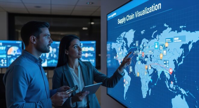 Focused professional diverse business colleagues, a man and a woman, utilizing a large modern digital touchscreen display with an interactive world map for detailed supply chain visualization and
