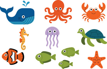 Fototapeta premium Playful cartoon sea creature illustration with whale, octopus, crab, seahorse, jellyfish, turtle, clownfish, starfish, and coral