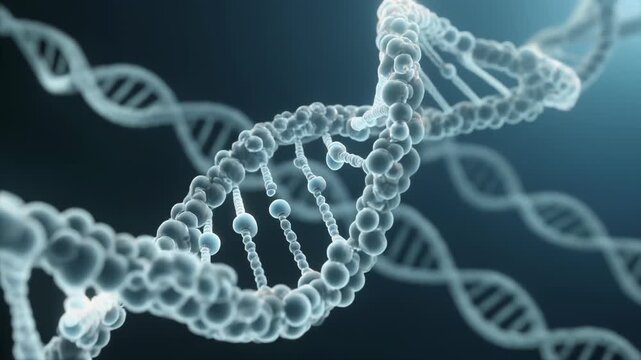 Close-up view of DNA helix structure in a laboratory environment, showcasing genetic material in a detailed 3D visualization