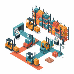 Obraz premium Isometric warehouse logistics with forklifts and automated systems.