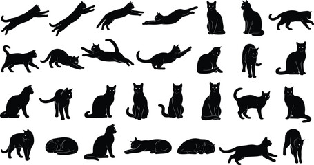 Cat silhouettes vector collection, domestic feline poses, jumping sitting sleeping cats, black pet illustrations set isolated on white background, design elements, icons © Shoentesh