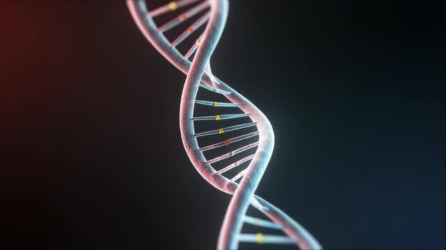 A 3D rendering of a twisted DNA helix structure viewed from a close-up perspective in a dark environment