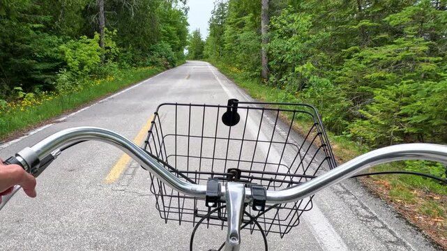 POV of a bicycle ride through a lush green forest on a paved road. First-person view features handlebars and basket moving along a winding path surrounded by dense summer foliage and trees.