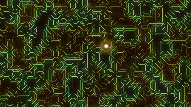 Dark Green Abstract Circuit Pattern with Glowing Lines and Neon Accents.