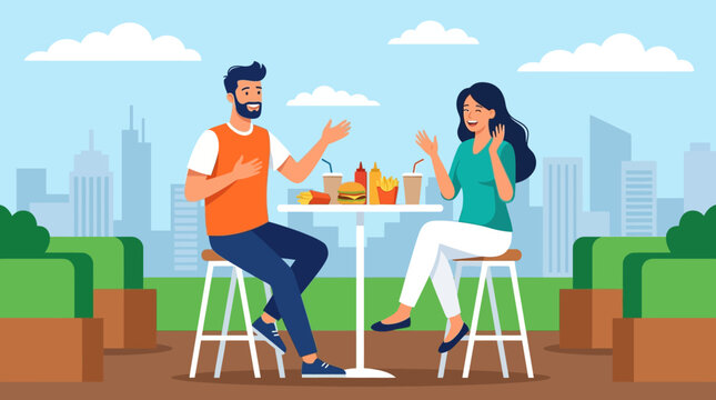 Happy Couple Eating Fast Food Lunch Outdoors: Flat Vector Illustration of Man and Woman Talking and Laughing on Urban City Terrace with Skyline Background.
