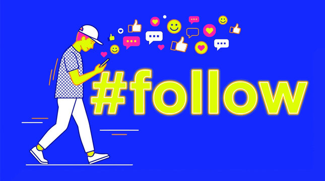 Social Media Follow Concept: Man walking and scrolling phone with glowing #follow hashtag and engagement icons. Vibrant digital illustration.