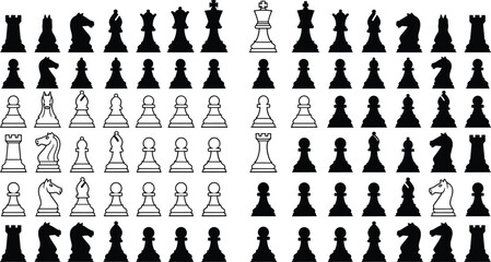 Chess pieces silhouette vector set, black and white king queen rook bishop knight pawn icons isolated on white background for strategy design © Shoentesh