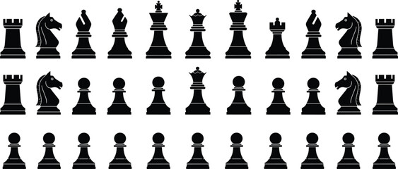 Chess pieces silhouettes collection set, king queen rook bishop knight pawn icons, classic board game elements, black vector illustration for strategy, competition, education design © Shoentesh