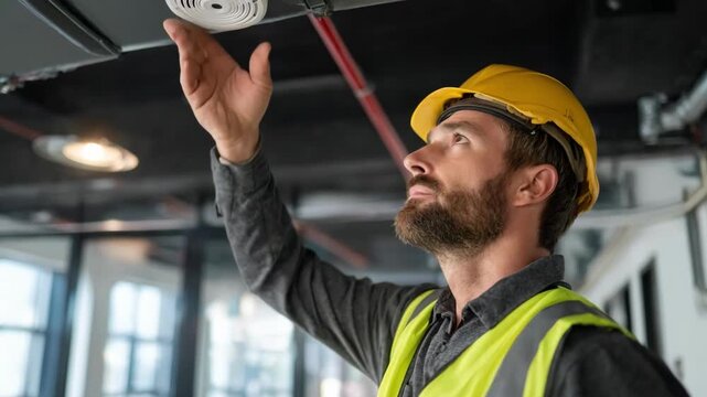 Professional fitting a heat detector in a commercial office environment demonstrating fire protection installation in a modern workspace.