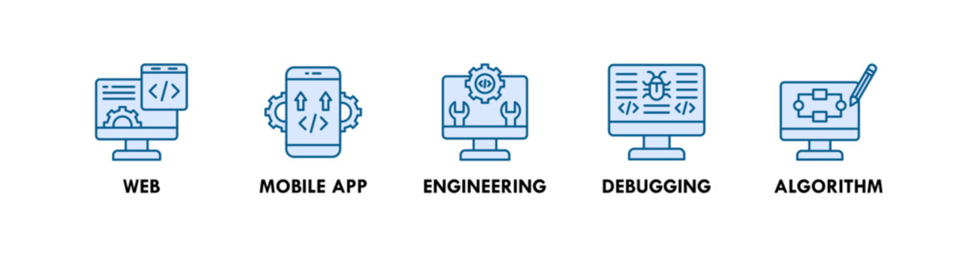 Coding and Programming banner web icon illustration concept with icon of web, mobile app, engineering, debugging, algorithm