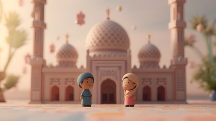 Fototapeta premium cute figurines standing in front of a detailed miniature mosque model