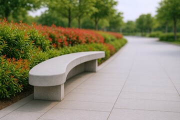 Curved Bench in Serene Park Setting with Vibrant Greenery and a Tranquil Pathway