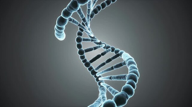 A 3D rendering of a DNA double helix structure twisting in a futuristic environment from a close-up viewpoint