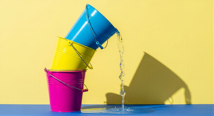 Brightly colored stacked buckets with water leaking from the top, representing an inefficiency concept and resource management problem
