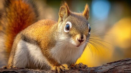 Obraz premium Alert Red Squirrel Portrait on a Branch, Wildlife Photography, Close-Up, Autumnal Backdrop